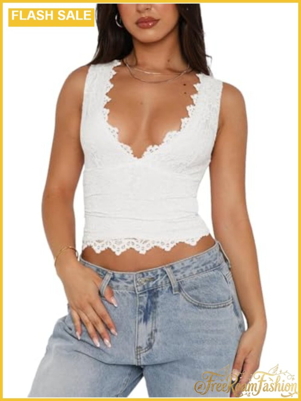 Women Lace Cropped Tank Top Sleeveless V-Neck Slim Fit Summer Crop Top